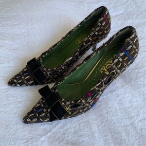 Vintage Richard Tyler Tweed Wool Brown Plaid Tartan Velvet Bow Ribbon Heels Y2K